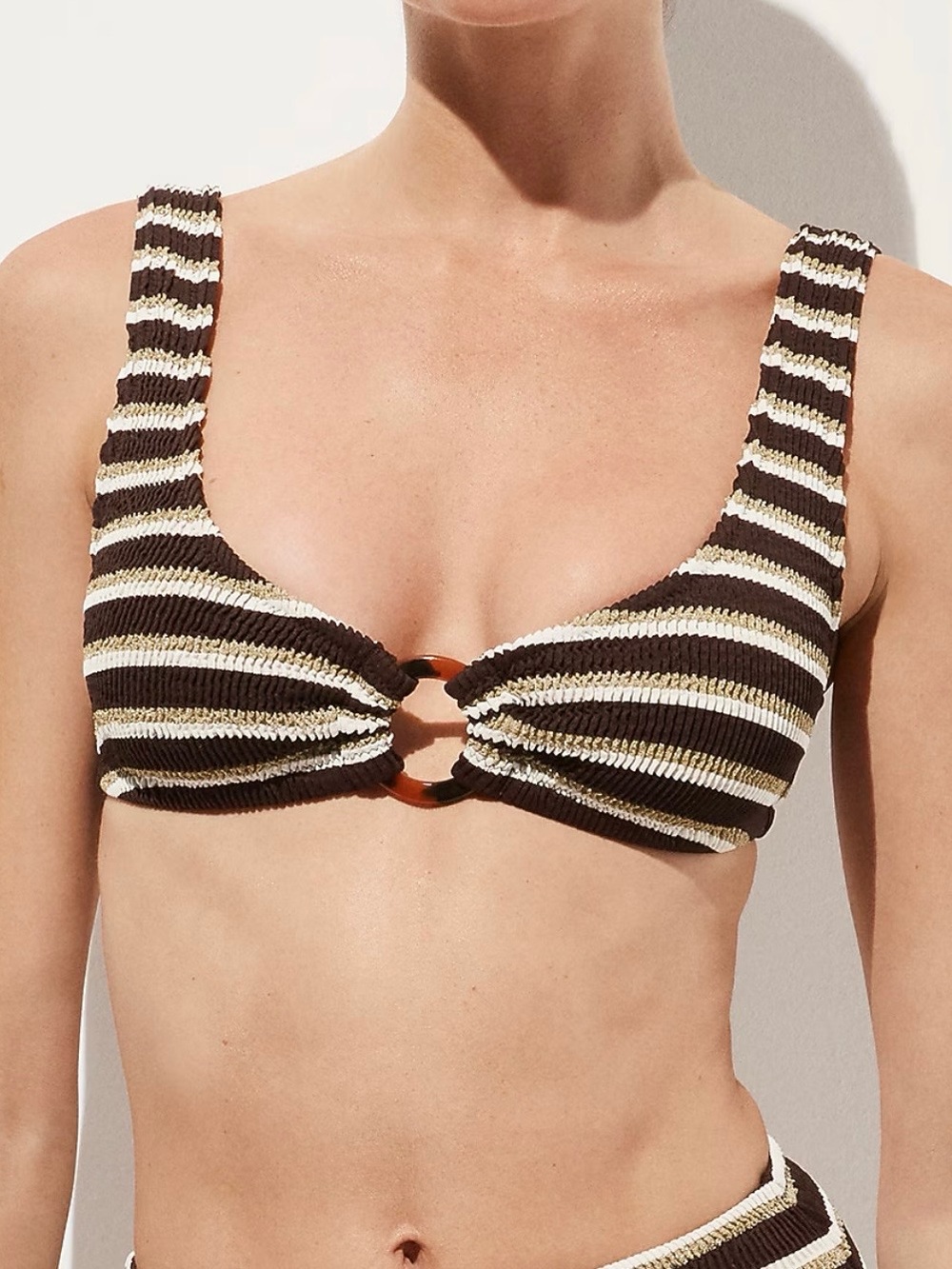 J Crew Claudia O-ring scrunchie bikini top in metallic stripe, size small